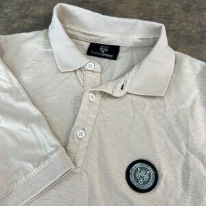 Phillip Plein Sport Polo Shirt Mens M Cream Textured Tiger Logo Patch *SEE FLAW*